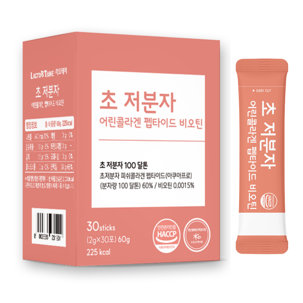 <b>락토</b>테미 초저분자 어린콜라겐 펩타이드 비오틴 피쉬콜라겐 분말 가루 스틱 30포, 1개