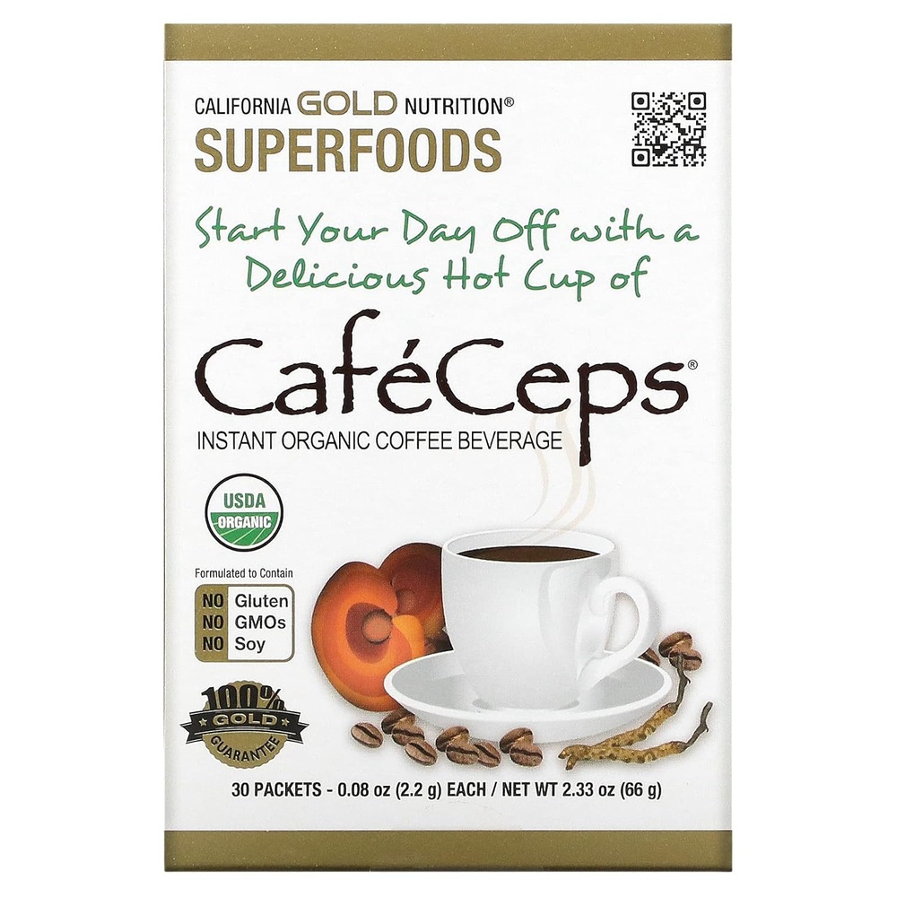 버섯커피 캘리포니아 골드 뉴트리션 <b>CafeCeps</b> 유기농 동충하초 영지버섯 30팩 66g