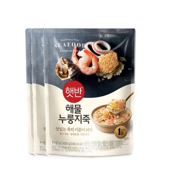 [엄마맛집]햇반 해물누룽지죽(420gx3개) <b>CJ 제일제당</b> 아침대용 간단식사 자취생필수템 겨울 식재료