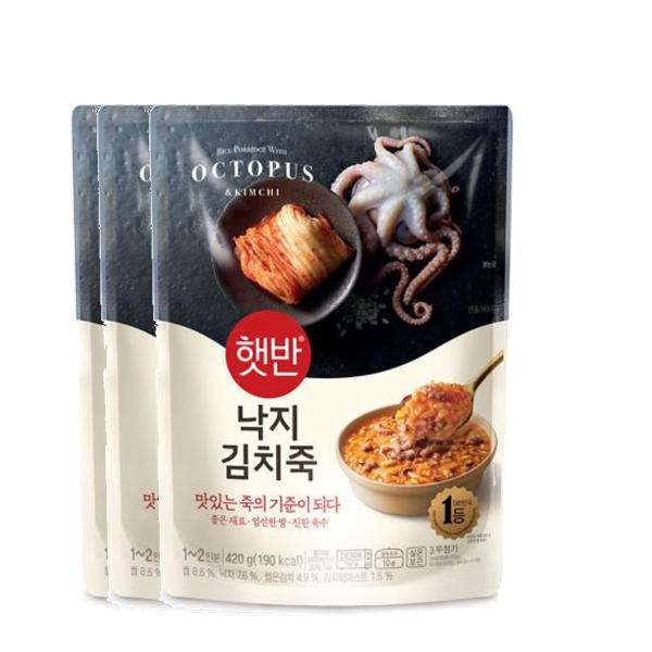 <b>CJ 제일제당</b> [엄마맛집]햇반 낙지김치죽(420gx3개) 1세트 겨울 식재료 아침대용 간단식사 자취생필수템