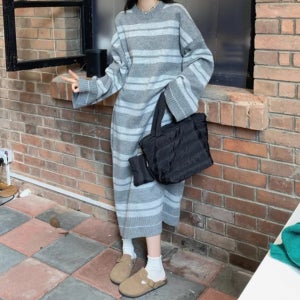 스트라이프 롱 니트 원피스 빅사이즈 루즈핏 임산부 등원룩