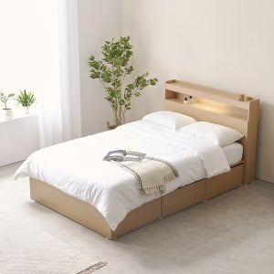 케이컴퍼니 피크 LED 수납 헤드 더블 침대 세트 독립 포켓 매트리스 조명 서랍 베드