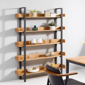 로빈 철제책장 오픈형 선반 파티션 거실 인테리어 원목 책장 1200x300x1800mm, 5단, 우드