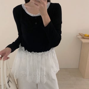 한정수량 원가세일] 화이트 당일출고)-골지 레이스 프릴 긴팔 티셔츠-3컬러