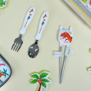 키친유 티라노 국산 1단계 교정용젓가락 스텐304 스푼포크 세트 아동용 유아 공룡 수저