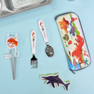 키친유 티라노 스텐304 편한스푼누들포크 1단계 젓가락 케이스세트 국내생산 공룡 수저세트