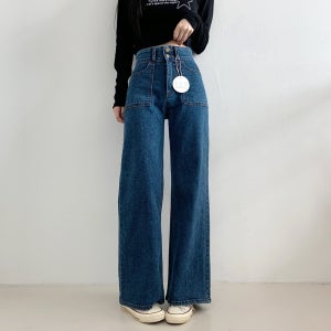 (S-XL / 진청 흑청 연청) 진청바지 스판 히든밴딩 하이웨스트 세미 와이드청바지 블랙진