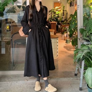 유니크 여성 코듀로이 스트링 롱 셔츠 원피스 데일리룩