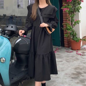 여성 스퀘어넥 이중 카라 롱 원피스 캉캉 A라인 스커트 데일리룩
