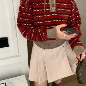 여성 봄 페미닌 투 버튼 폴로 카라 스트라이프 니트 티셔츠 스웨터 상의 탑 여행룩