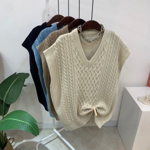 (오늘출발,무료배송)슈린 피셔 꽈배기 패턴 옆트임 루즈핏 브이넥 조끼 니트 4color