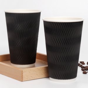 16온스 블랙 한결 종이컵 웨이브컵 삼중 단열 카페컵 480ml 리플컵 소량 25개