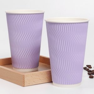 16온스 퍼플 한결 종이컵 웨이브컵 삼중 단열 카페컵 480ml 리플컵 소량 25개