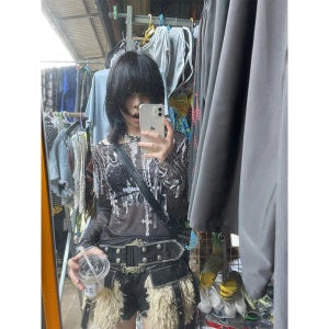 다크 펑크 원숄더 프린트 메쉬 티셔츠