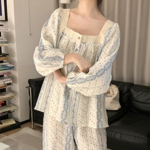 티티리 하늘 보헤미안 스퀘어넥 거즈면 노카라 긴팔 간절기 파자마 바지 공주 요루면 잠옷