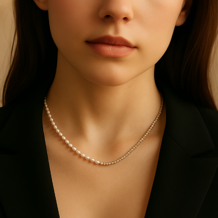 라이스 담수진주 테니스 목걸이 925 스털링 실버 스파클링 이태리 눈꽃체인 초커 은목걸이