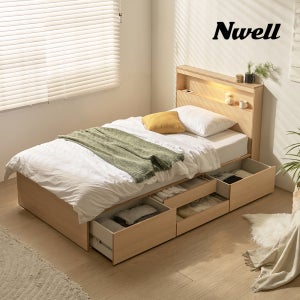 느웰베드 크리스LED 2단 수납형 침대 프레임 Q(퀸), 내추럴