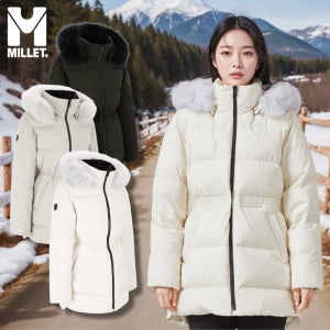 밀레 역시즌 구스다운 중기장 패딩 여성 허리스트링 거위털 파카 등산 아웃도어