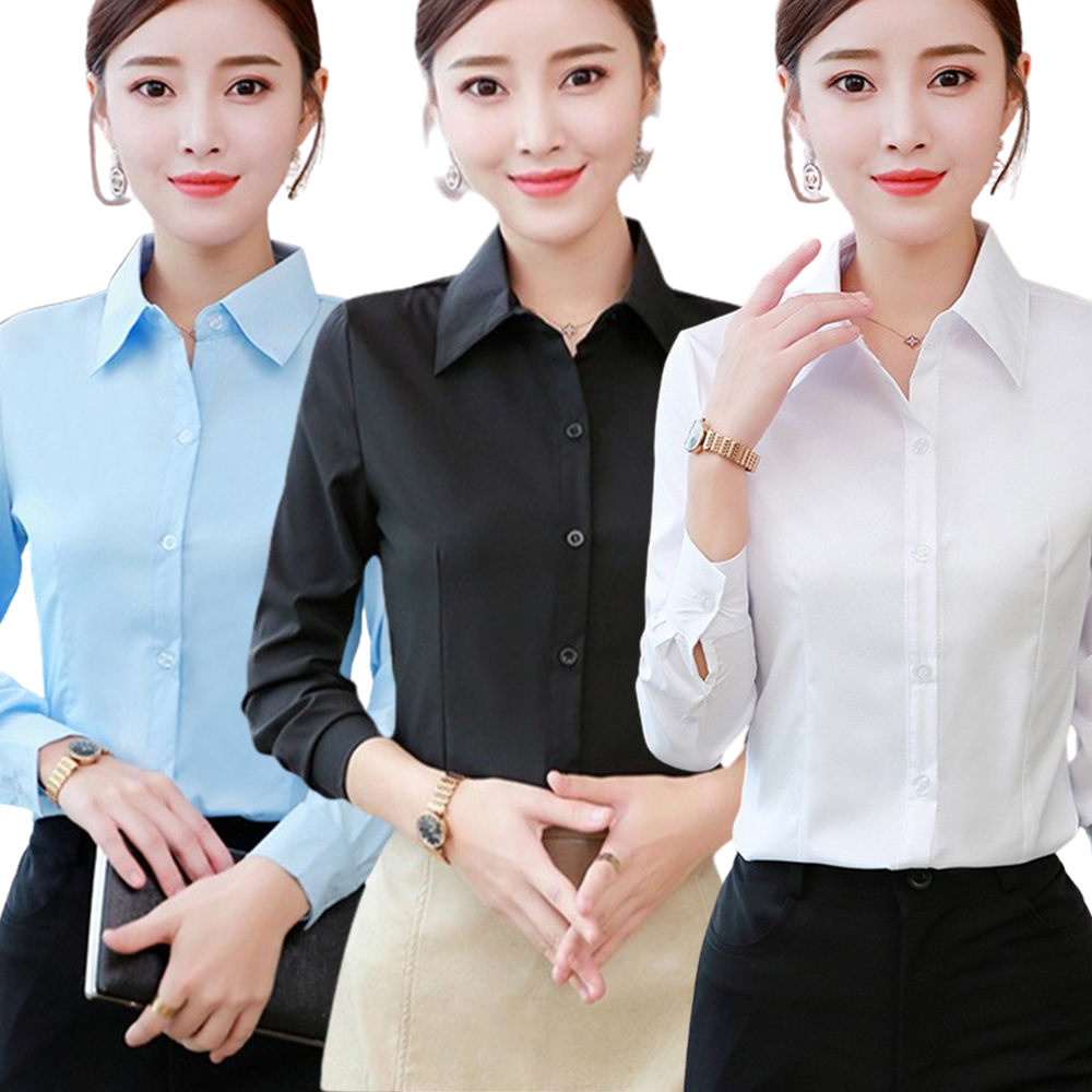 로로비 여성 스판 슬림핏 셔츠 3종 블라우스 화이트 블랙 하늘색 핑크 와이셔츠 카라