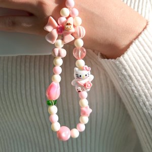 핑크 키티 리본 튤립 비즈 폰스트랩 핸드폰비즈스트랩