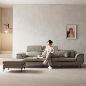 라자가구 위드 허먼 천연면피 통가죽 소파 스툴포함, 웜그레이, 3.5인용