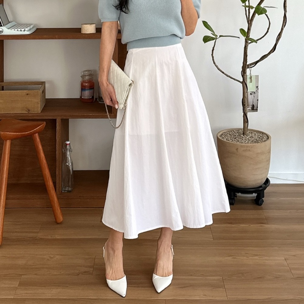 바스락 프라다원단 아노락 흰치마 흰색 화이트 플레어 핀턱 밴딩 봄 여름 롱 스커트 치마