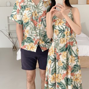 트로피카나 하와이안 휴양지 커플 시밀러룩 밴딩 롱원피스 셔츠 바캉스 신혼여행 동남아