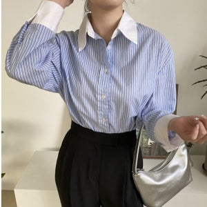 [XS제작]무브 스트라이프 키작녀 셔츠 키작녀 작은키 키150초반 배색 카라 클래식 오피스룩 데일리 심플 깔끔한 남방