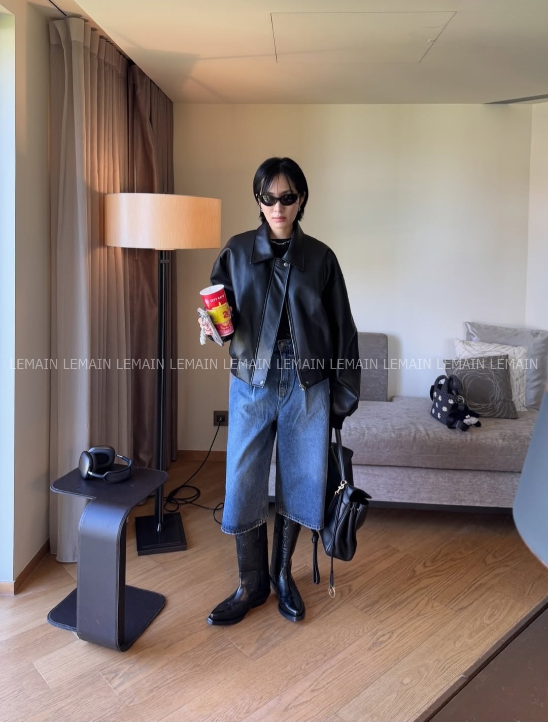 25SS FRIC 프릭 코이 레더 블루종 점퍼 루즈핏 카라넥 절개 밑밴딩 블랙 가죽 점퍼