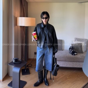 25SS FRIC 프릭 코이 레더 블루종 점퍼 루즈핏 카라넥 절개 밑밴딩 블랙 가죽 점퍼