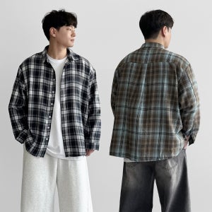 1+1 남자 체크 무늬 셔츠 오버핏 플란넬 남방 가을 긴팔 커플 난방