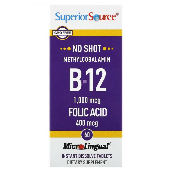 Superior Source, 메틸코발라민 B-12, 엽산, 즉시 용해되는 60정 Source (슈피리어 <b>소스</b>)