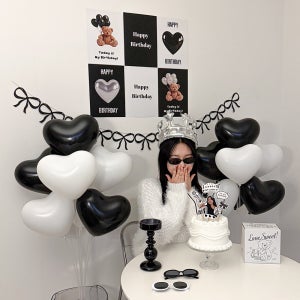 화이트 블랙 하트 풍선 생일 파티 용품 리본 가랜드 포스터 세트 데코