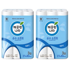 깨끗한나라 순수 소프트 엠보싱 3겹 27m 30롤x2팩 총60롤 천연펄프 화장지