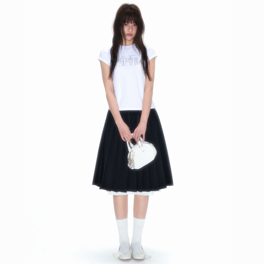 NECY STUDIO 스커트 블랙 플리츠 A라인 미디 스커트