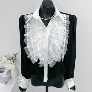 샤프릴 배색 소매리본 카라 봄블라우스 25S