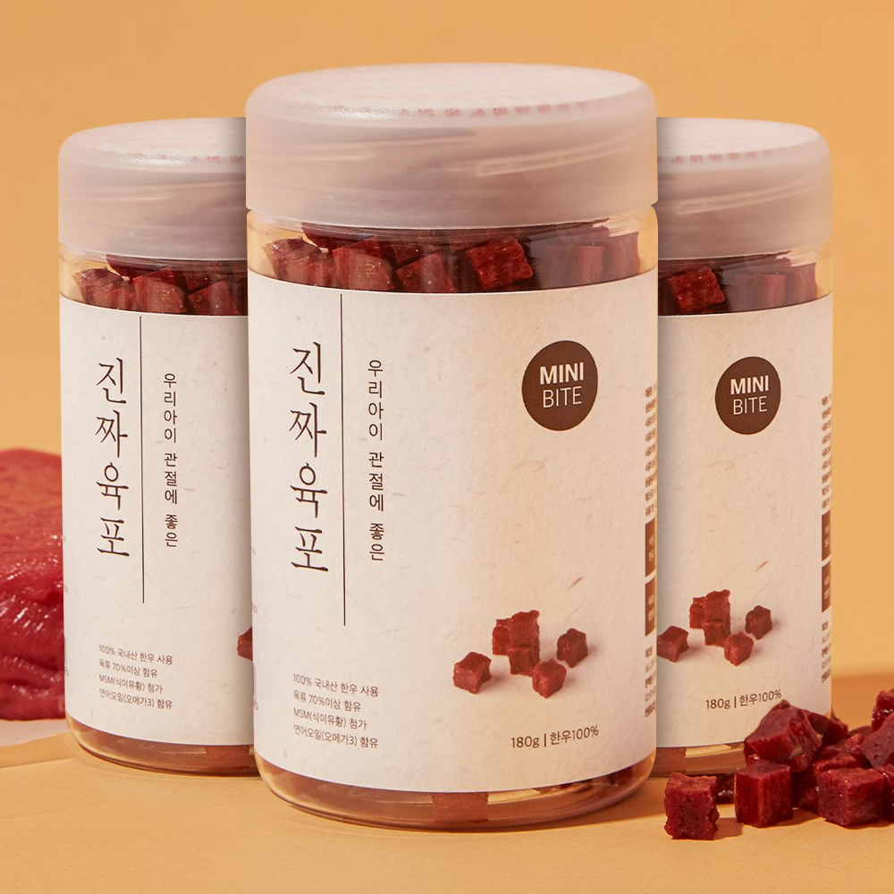 진짜육포 강아지 칭찬 노즈워크 국내 제조 간식 한우 미니 바이트, 180g, 3개