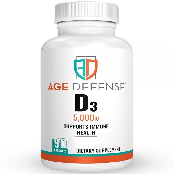 Age Defense <b>비타민 D3</b> 5000 IU - 비건 캡슐 90개, 뼈 건강 최적화, 면역 지원, 기분 및 근육 강도 고용량 D 결핍 보충제 남성 여성용