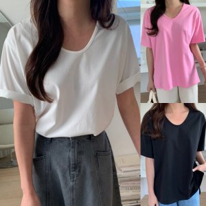 럭키룸 실켓 랍빠 유넥 티셔츠 여성 봄 여름 루즈핏 반팔티 흰티 아이 핑크 블랙