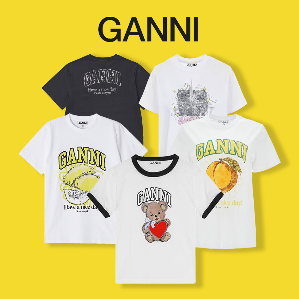 가니 반팔 반팔티 GANNI 티셔츠 <b>베어</b> <b>스마일</b> 피치 버니 레오파드 슬림
