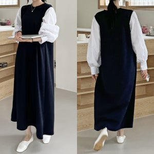 배색 퍼프 레이어드 봄하객원피스 빅사이즈 홈 봄 가을 루즈핏 77 88 원피스