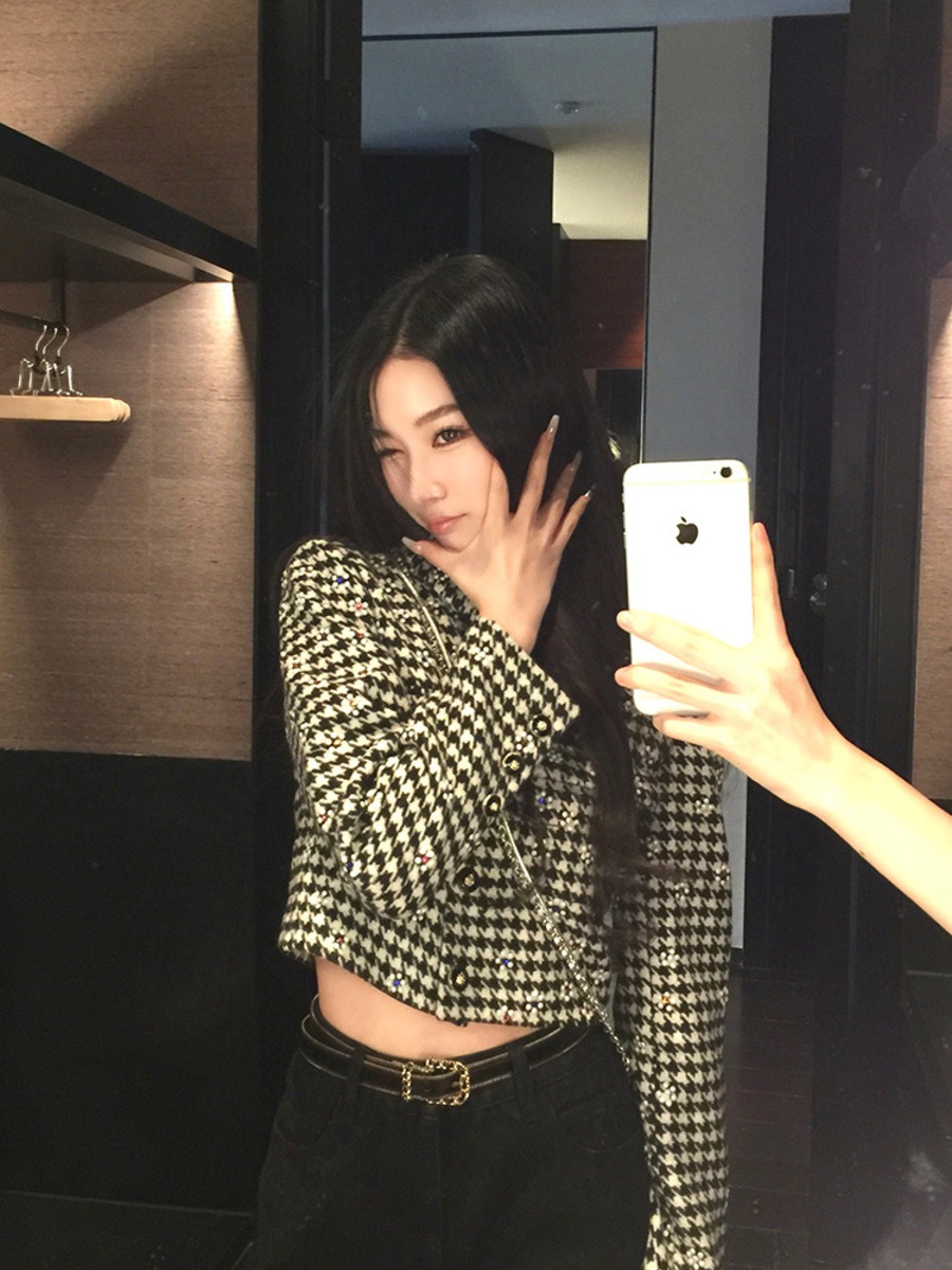 블랙 화이트 하운드투스 체크 크롭 자켓