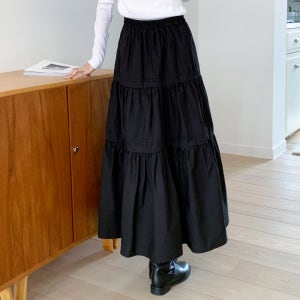 코튼 바스락 캉캉 스커트 밴딩 셔링 주름 플레어 롱 스커트 A라인 봄 가을 검정 치마