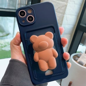 곰돌이그립 톡거치대 풀커버 카메라보호 젤리 실리콘 카드 케이스 네이비(샌드), 아이폰14 플러스