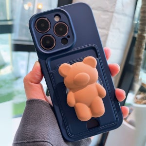 곰돌이그립 톡거치대 풀커버 카메라보호 젤리 실리콘 카드 케이스 네이비(샌드), 아이폰14 프로