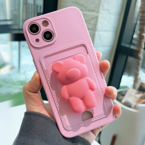 곰돌이그립 톡거치대 풀커버 카메라보호 젤리 실리콘 카드 케이스 핑크, 아이폰14 플러스