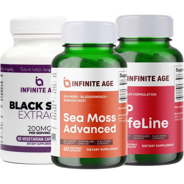 영양제 인피니트 에이지 웰니스 번들 씨 모스 <b>어드밴스드</b> 1250mg 블랙 씨드 오일 추출물 200mg <b>BP</b> 라이프라인 1030mg 미국산