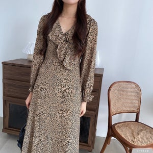 레오파드 호피 프릴 브이넥 롱 원피스 (브라운) 봄 가을 브이넥 쉬폰 퍼프 허리끈