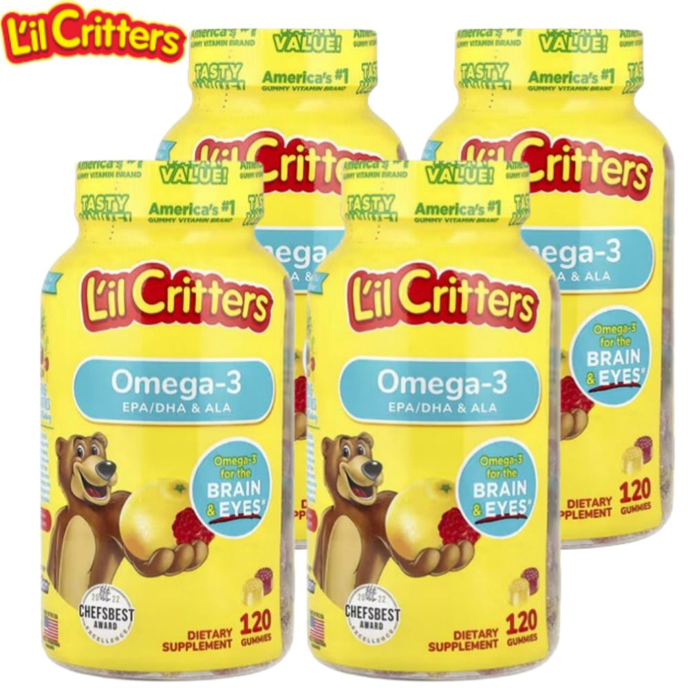 릴크리터스 어린이 <b>키즈</b> <b>오메가3</b> DHA 비타민D 라즈베리 레몬맛 구미젤리 <b>120개</b> 4병