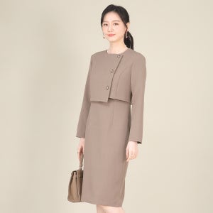 엄마옷 하객룩 레이어드 세트느낌 단추장식 여성 봄 가을 긴팔 정장 롱 원피스 K03519